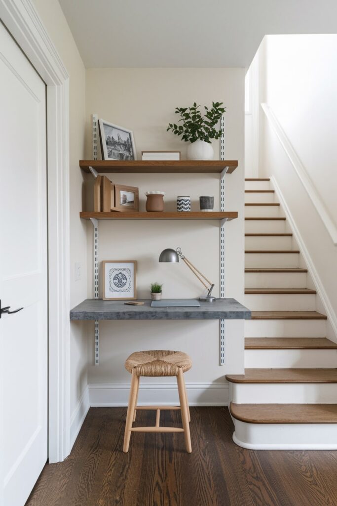floating shelf desk small workspace beside staircase