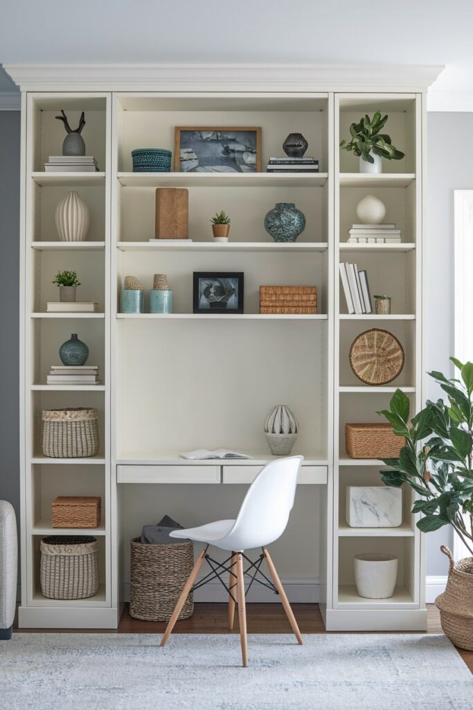 floor to ceiling bookshelf with a desk small workspace