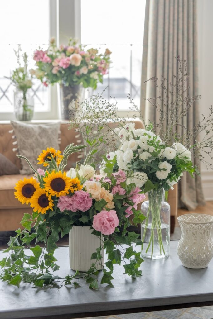 fresh florals summer decor with the living room on the background