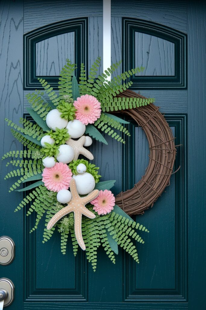 front door wreath made from summer flowers, greenery, and starfish