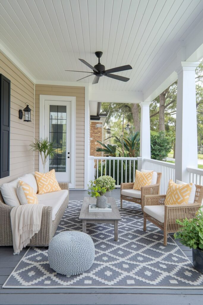 front porch with summer inspired colors in cushions, gray patterned outdoor rug, couch and two rattan chairs