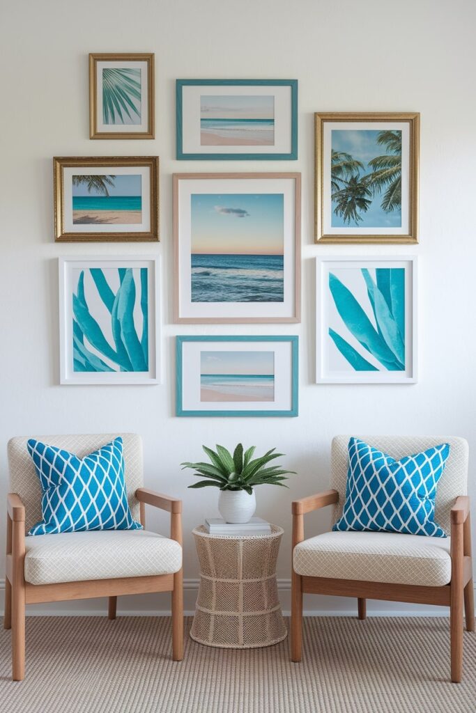 gallery wall with summer themed art, two chairs and side table