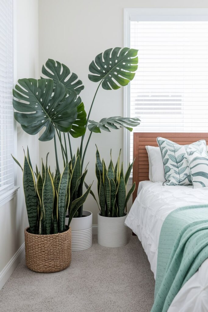 indoor plants near bed, summer bedroom decor, light green throw, creamy white walls