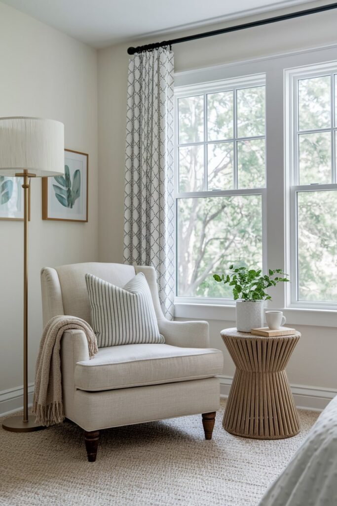 light chair near the window, wooden side table with a book in the summer bedroom