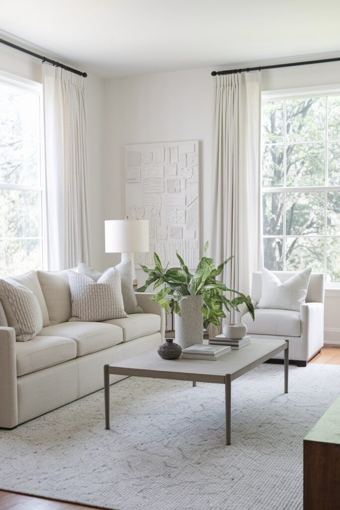 light living room with minimalist styling and summer decor