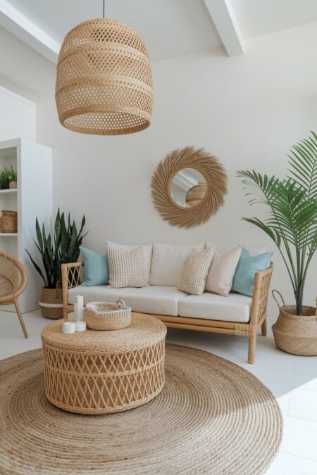 light living room with rattan furniture, natural woven summer decor