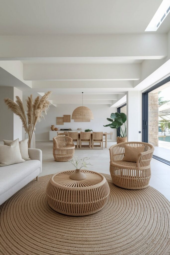 light open space living room with jute rugs and rattan furniture, summer aesthetic