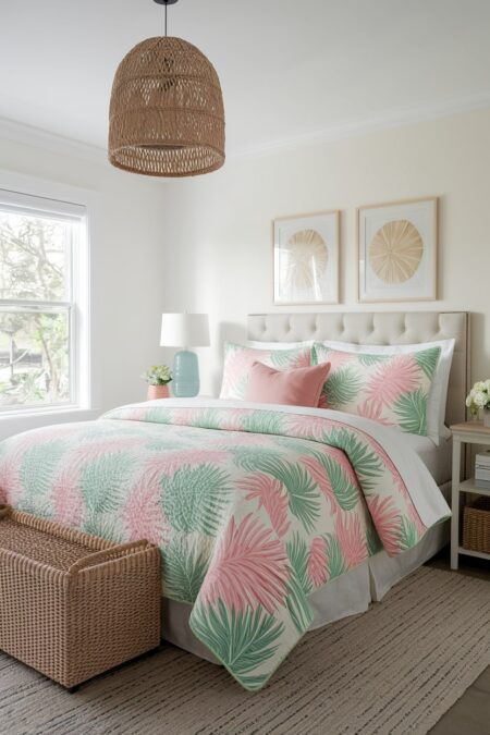 light summer bedding in green and pink colors