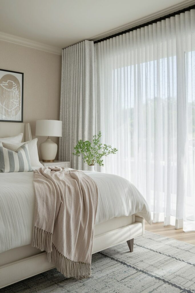 light summer bedroom with sheer curtains, neutral tones