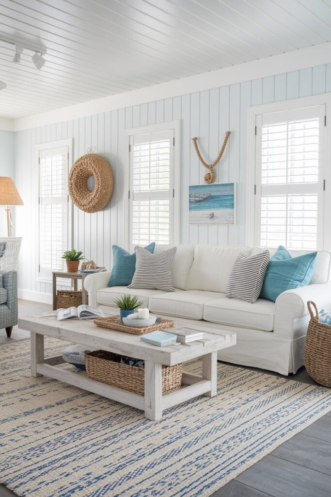 light summer living room with coastal inspired decor, white couch, blue pillows, rope elements, light vertical shiplap
