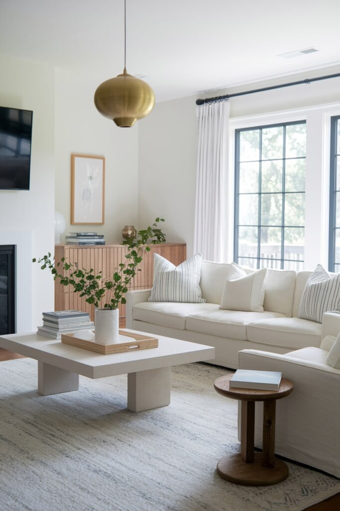 light summer living room with minimalist furniture clean lines, white couch, coffee table, and walls