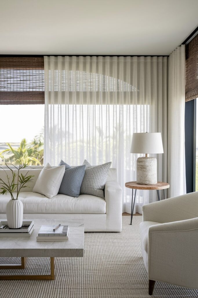 light summer living room with sheer curtains in white, bamboo blinds, white couch