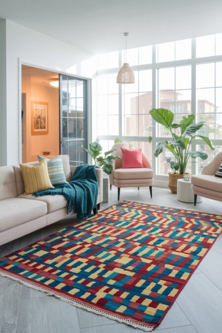 living room with beige furniture, colorful rug as summer decor