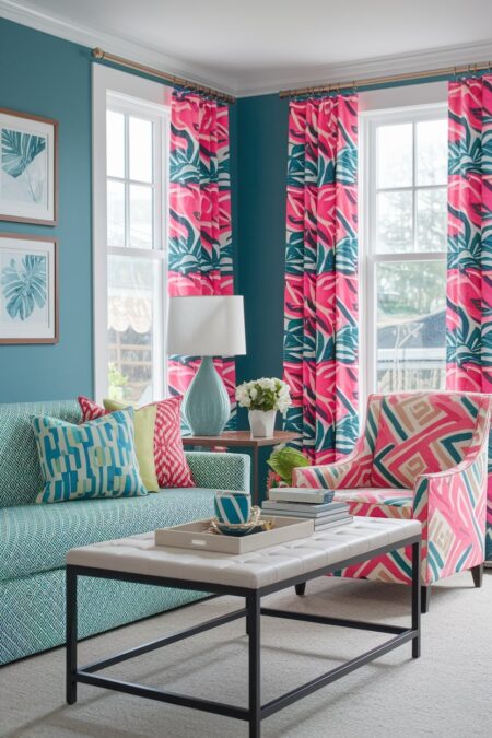 living room summer decor with bright bold patterns, pink, green, blue