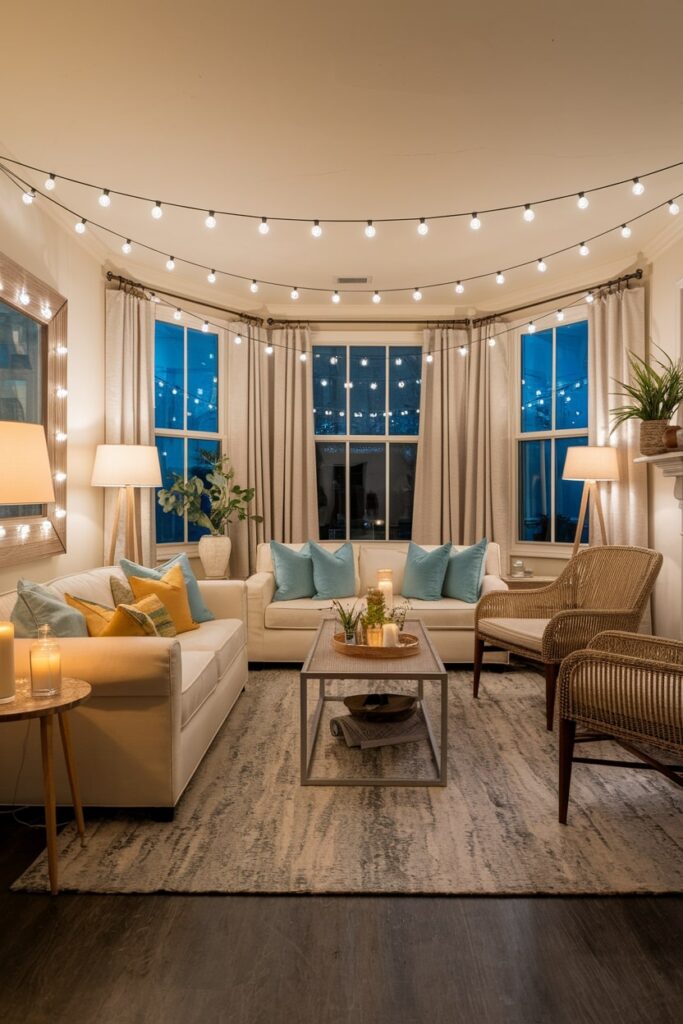 living room summer evening romantic lighting, string lights, candles