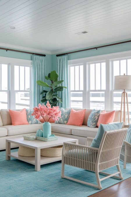 living room with coral, soft blue, coastal color palette summer decor