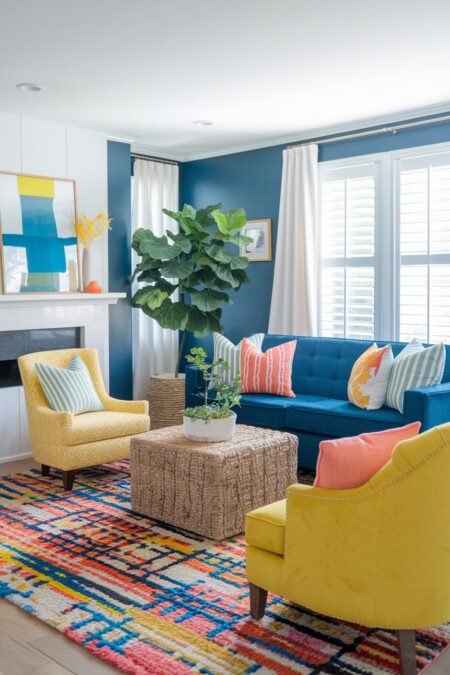 living room with summer decor in bold colors: blue, yellow, coral