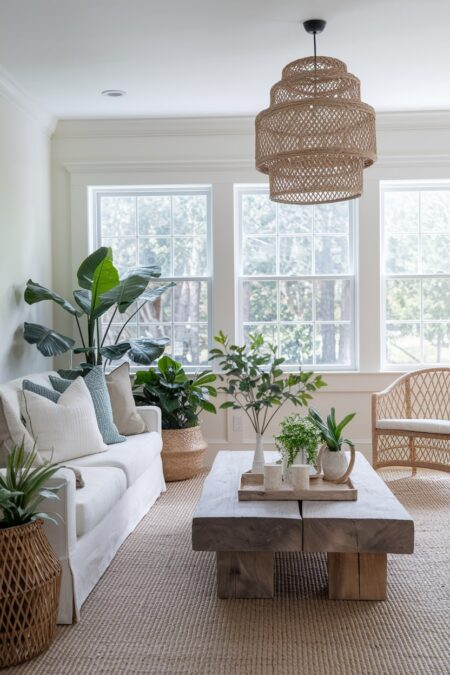 living room with wooden coffee table, rattan furniture, and plants as natural summer decor
