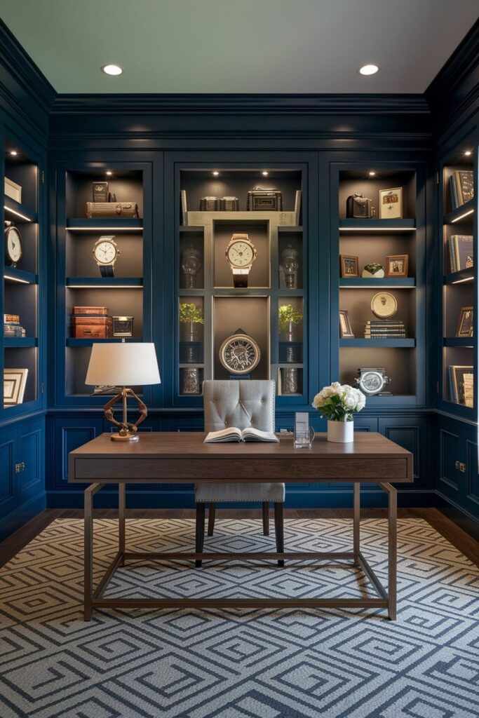 masculine home office, dark blue built-ins with collector's showcase