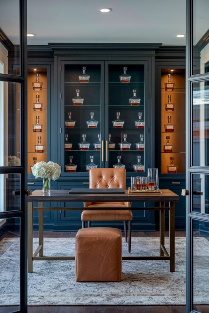 masculine home office design with mini bourbon bar