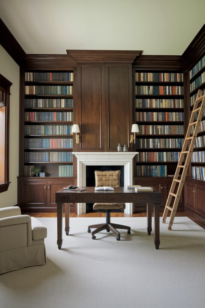 masculine home office for him with floor-to-ceiling library