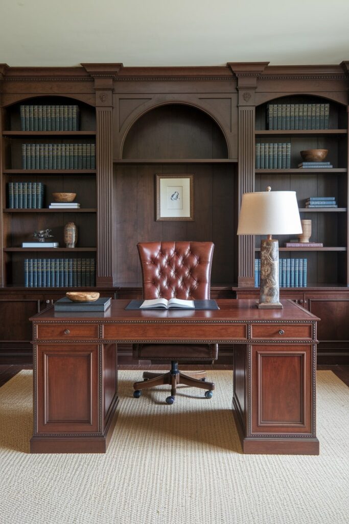 masculine home office with classic leather and mahogany furniture