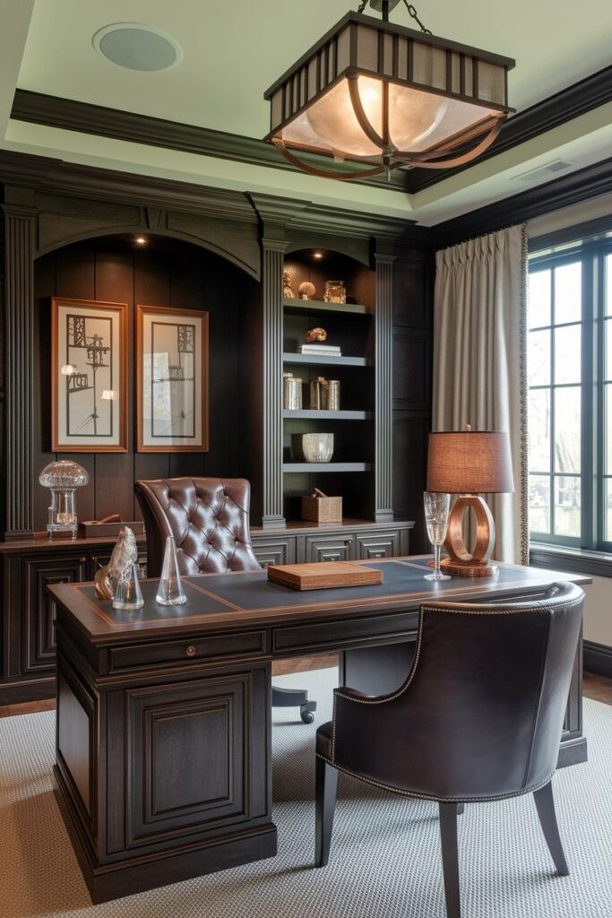masculine home office with comfortable desk, cigar lounge style