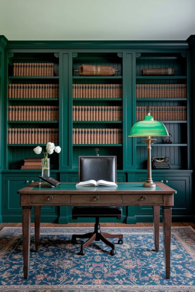 men's home office with dark green floor-to-ceiling bookshelves, banker's lamp