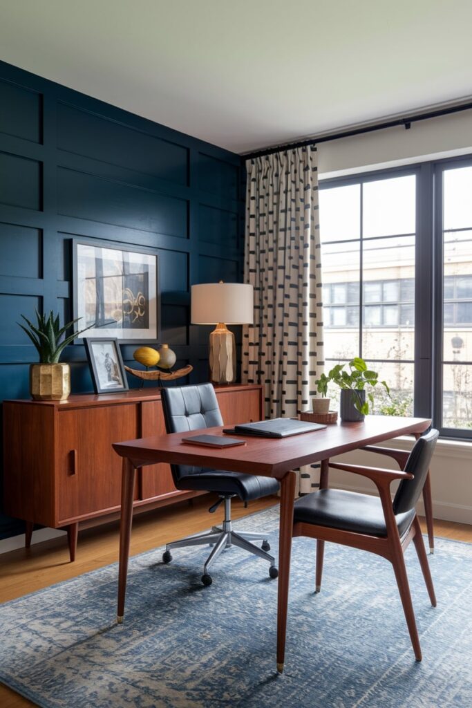 mid-century men style home office, teak furniture, dark blue wall