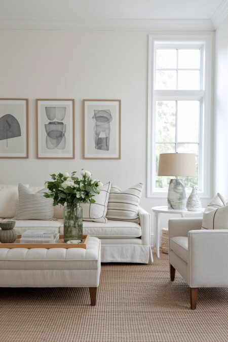 minimalist living room in white with white flowers as summer decor