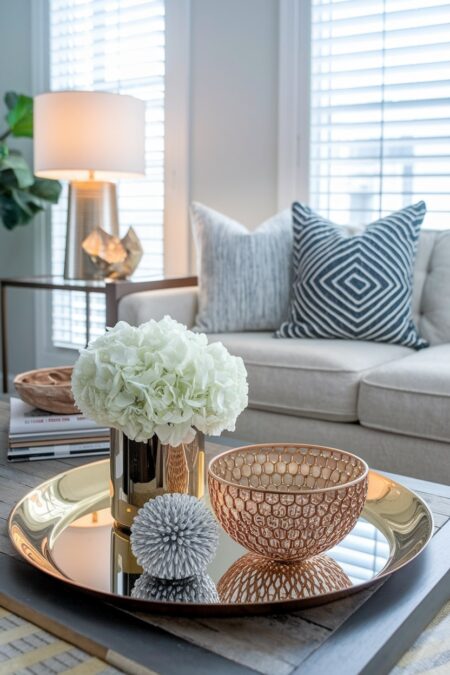 mirrored tray, metallic decorative bowl, vase, summer decor, light gray couch on the background