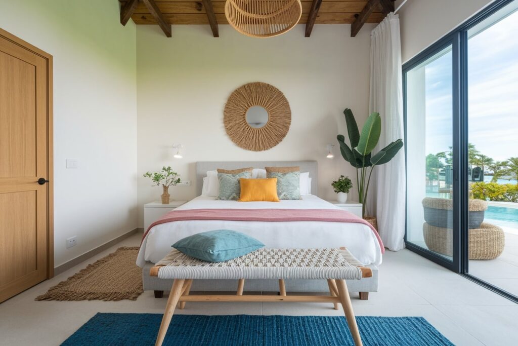 17 Summer Bedroom Ideas to Rest in Hot Days modern bedroom with summer inspired decor, black sliding padio doors