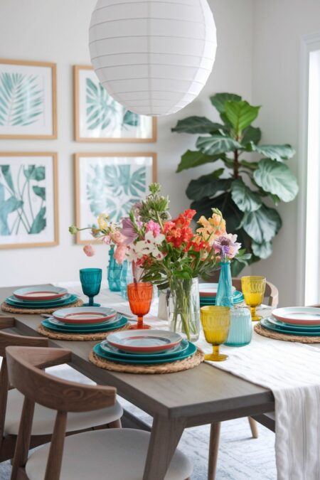 modern dining table with colorful tableware, summer decoration