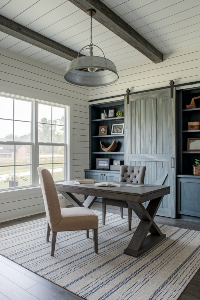modern farmhouse home office for men, shiplap walls, barn door