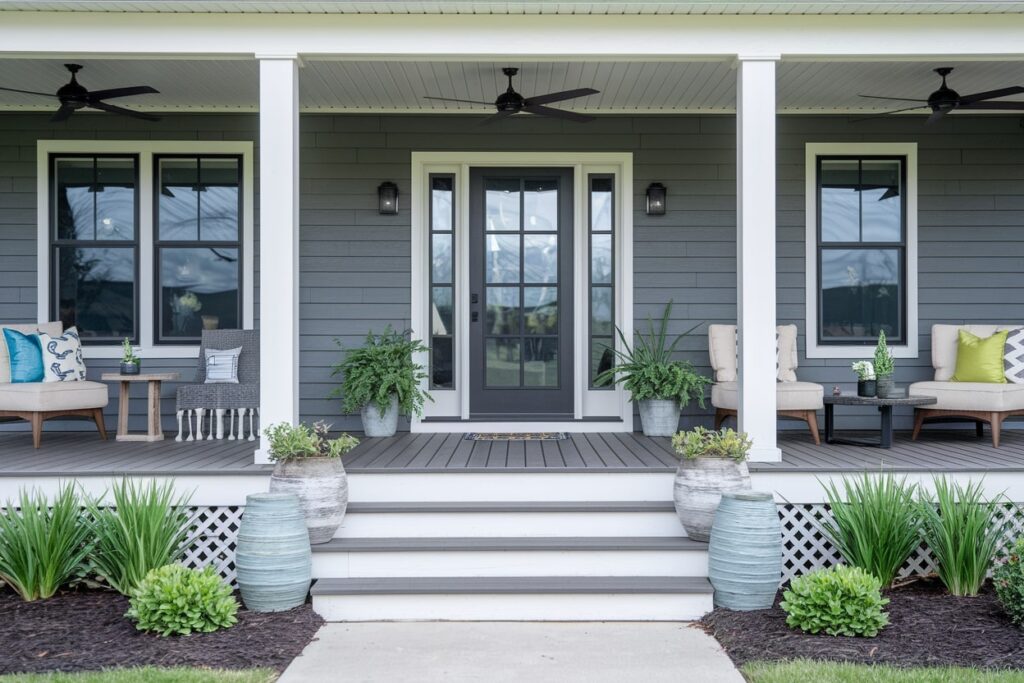 modern front porch decorated for summer