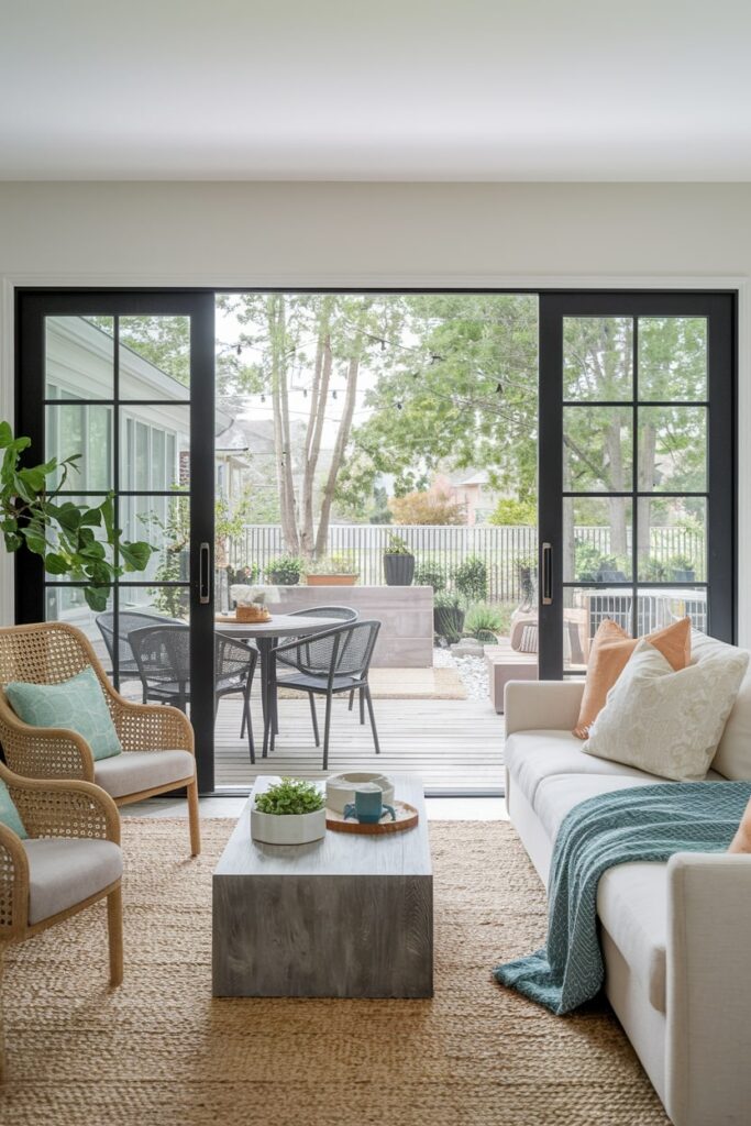 modern living room with black sliding patio doors and summer decor, jute rug