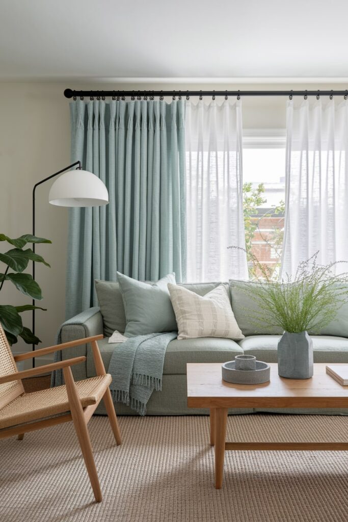 modern living room with muted sage green couch and summer decor, jute rug, wooden coffee table, muted green curtains