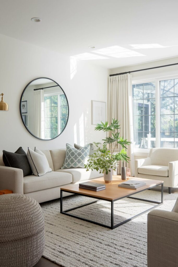 modern living room with summer decor, round mirror in the black frame, black pillow, gray patterned pillows, light couch and armchair