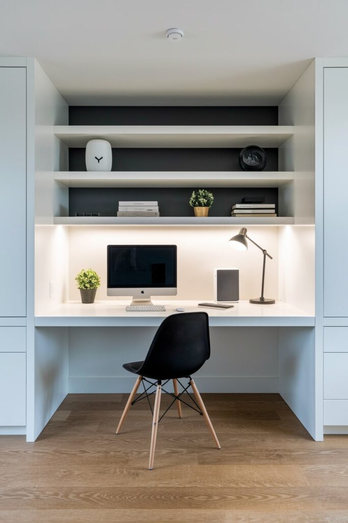 modern minimalist workspace for him, white shelving, black chair