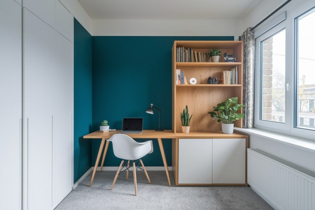modern small home office design with an accent wall