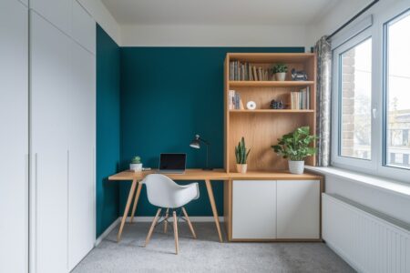modern small home office design with an accent wall