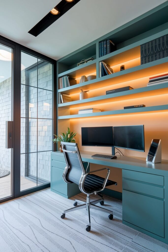 modern smart home office for him, green furniture, two monitors, LED lighting