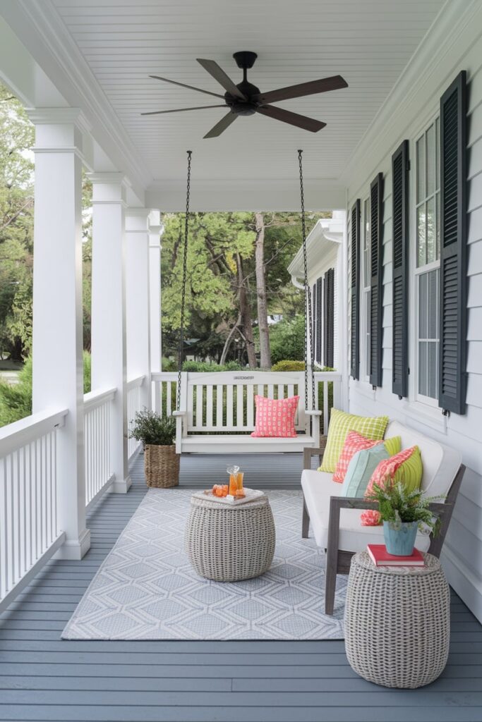modern summer front porch outdoor sitting, porch swing, bright cushions