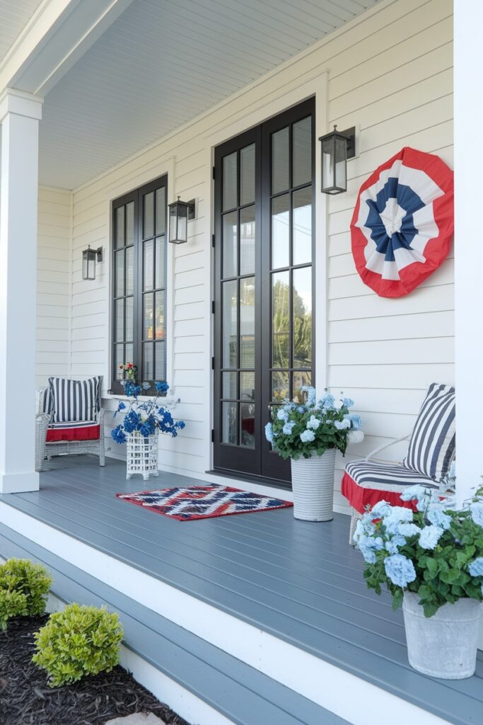 modern summer front porch with patriotic red, white, and blue decor