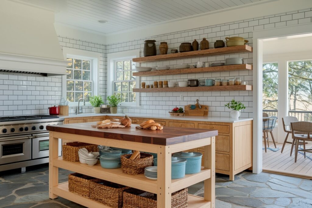 modern summer kitchen interior, stone flooring
