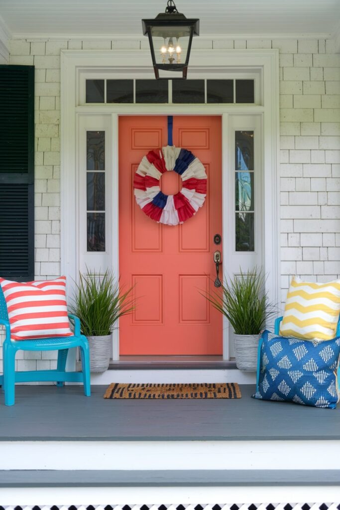 modern summer porch with coral, turquoise, sunny yellow and white palette
