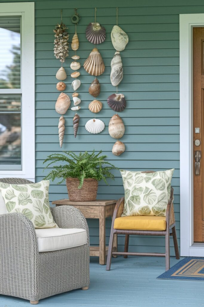 modern summer porch with DIY shells, rocks as decor. two outdoor chairs with cushions having a leaf pattern