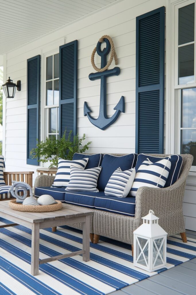 nautical inspired summer porch decor, blue and white striped cushions, outdoor couch