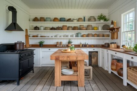 old summer kitchen with black wood burning range, wooden flooring