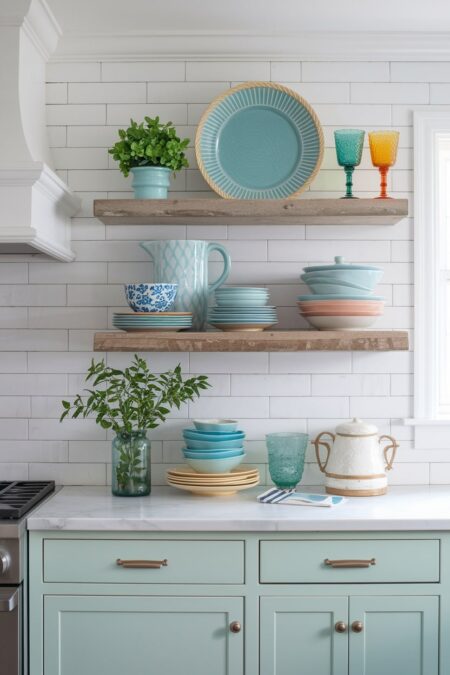 wooden open shelving on the kitchen, white tiles, pastel dishware, summer decor